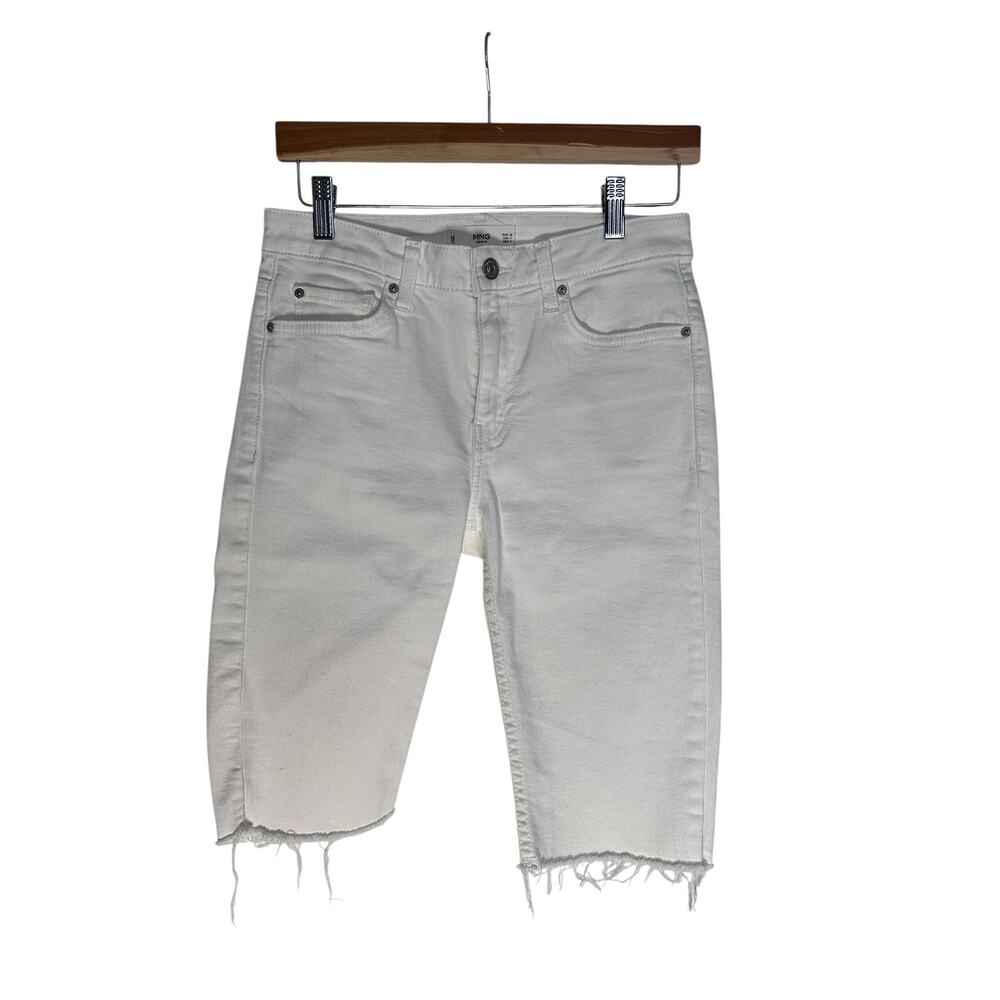 Mango Denim White Jean Shorts Cropped Frayed Hem Size 4